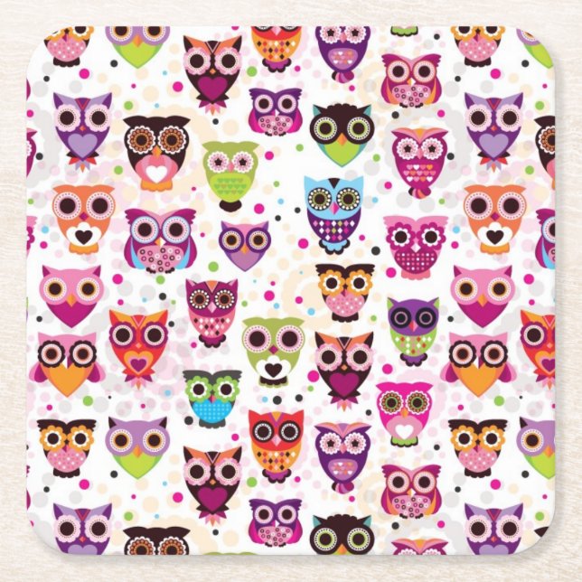 Cute owl background pattern for kids square paper coaster (Front)
