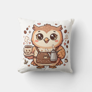 Cute Owl Barista Throw Pillow Kawaii