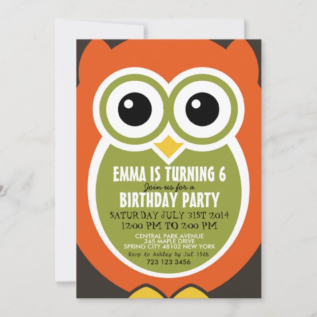 Cute Owl Bird Birthday Invitation Card for Kids (Front)