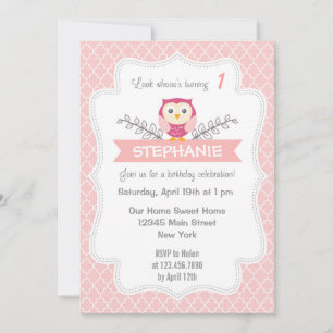 Cute Owl Birthday Invitation Sweet Light Pink
