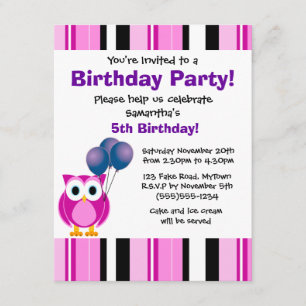 Cute Owl Birthday Pink Purple Party Invitation