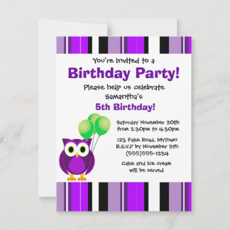 Cute Owl Birthday Purple Green Party Invitation