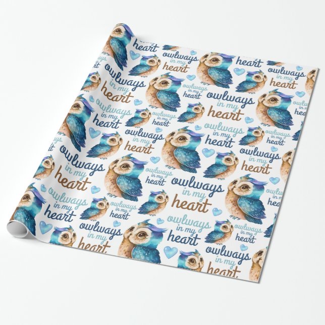 Cute Owl Blue Love Owlways In My Heart  Wrapping Paper (Unrolled)