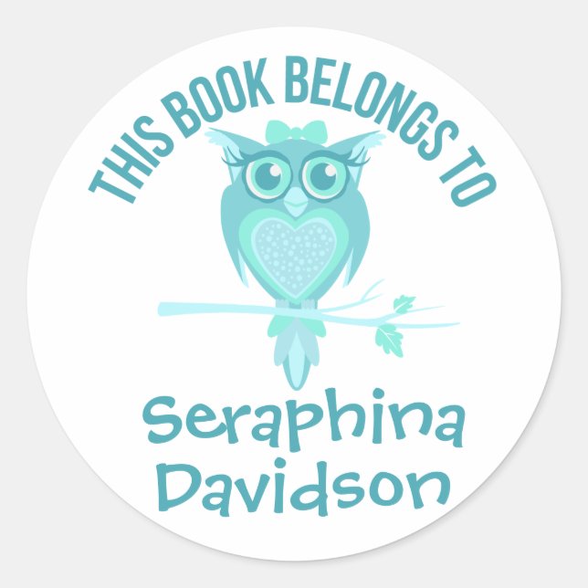 Cute Owl book plate name aqua id label sticker (Front)