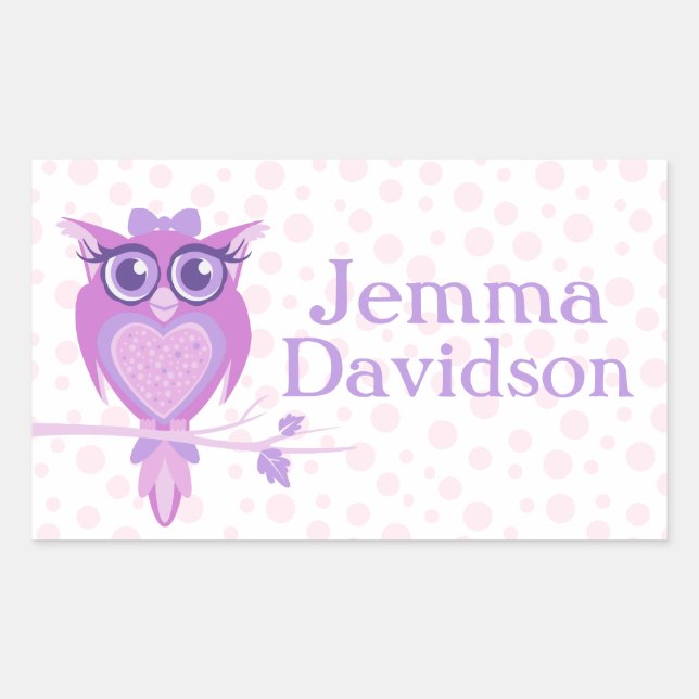 Cute Owl book plate name purple id label sticker (Front)