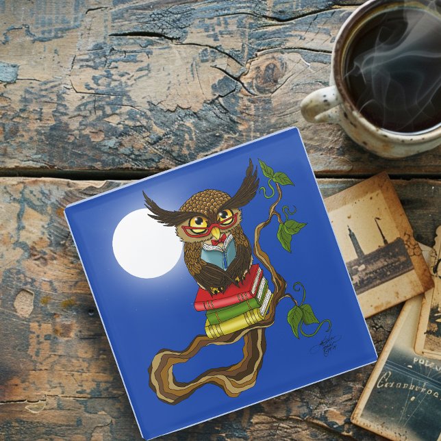 Cute Owl Books Glass Coaster (Creator Uploaded)