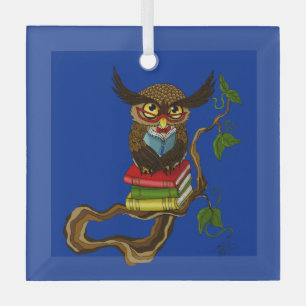 Cute Owl Books Glass Ornament