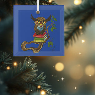 Cute Owl Books Glass Ornament