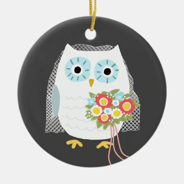 Cute Owl Bride Newlywed Wedding Keepsake Custom Ceramic Ornament (Front)