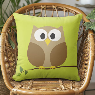 Cute Owl Cartoon on branch with Pattern on back Throw Pillow