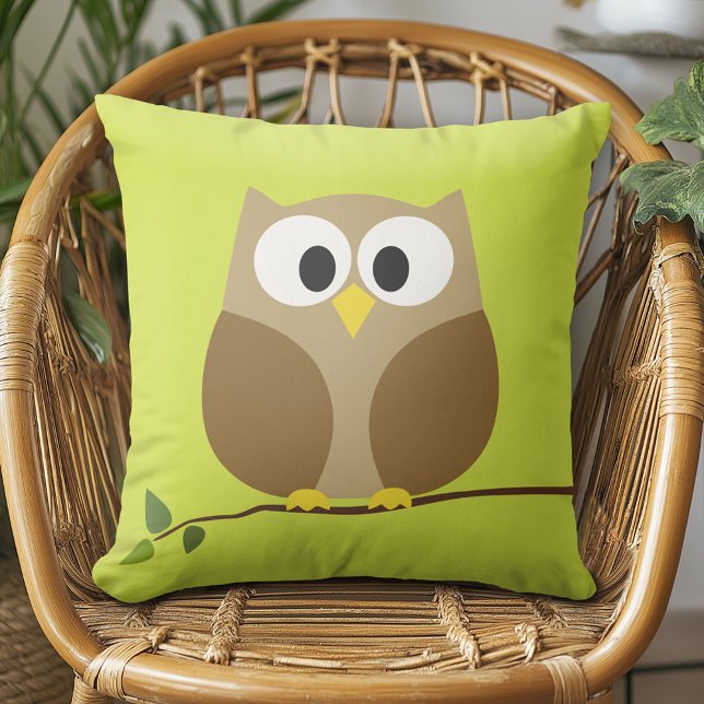 Cute Owl Cartoon on branch with Pattern on back Throw Pillow (Creator Uploaded)