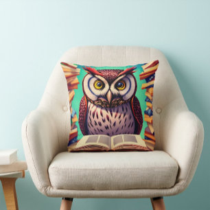 Cute owl character reading book   Throw pillow