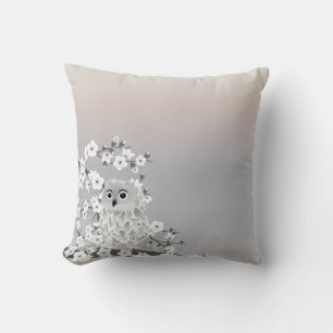 Cute Owl Cherry Blossom Beige Taupe White Throw Pillow