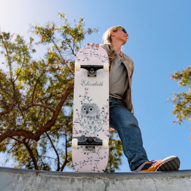 Cute Owl Cherry Blossom Pink Add Name Skateboard (Outdoor 1)