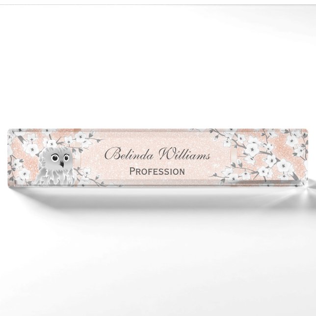 Cute Owl Cherry Blossom Rose Gold Glitter Teacher Nameplate (Front)