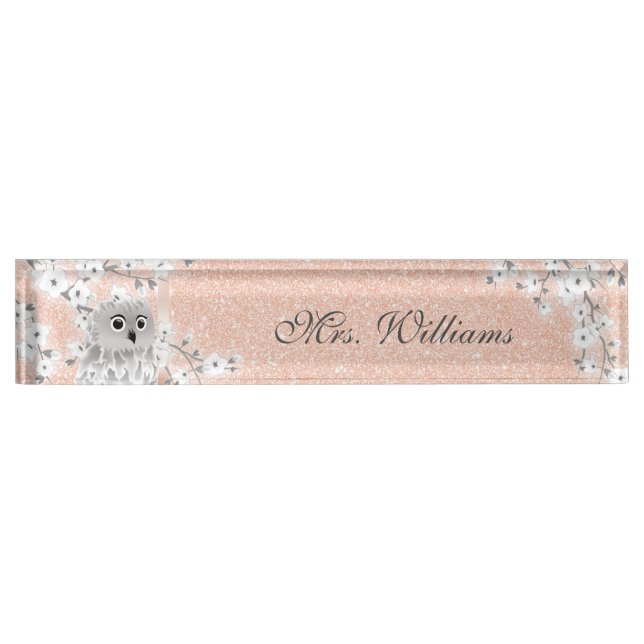Cute Owl Cherry Blossom Rose Gold Glitter Teacher  Nameplate (Front)