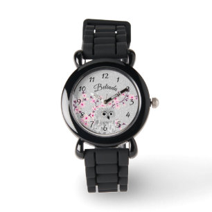 Cute Owl Cherry Blossom Silver Glitter Monogram  Watch