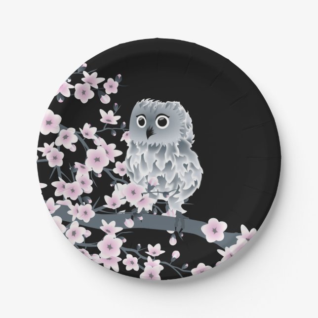 Cute Owl Cherry Blossoms Black Pink Paper Plate (Front)