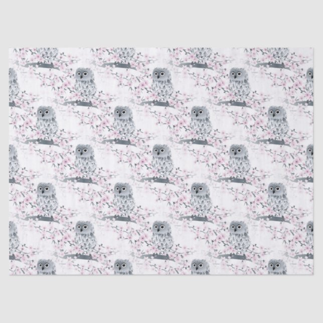 Cute Owl Cherry Blossoms Pattern Tissue Paper (Front)