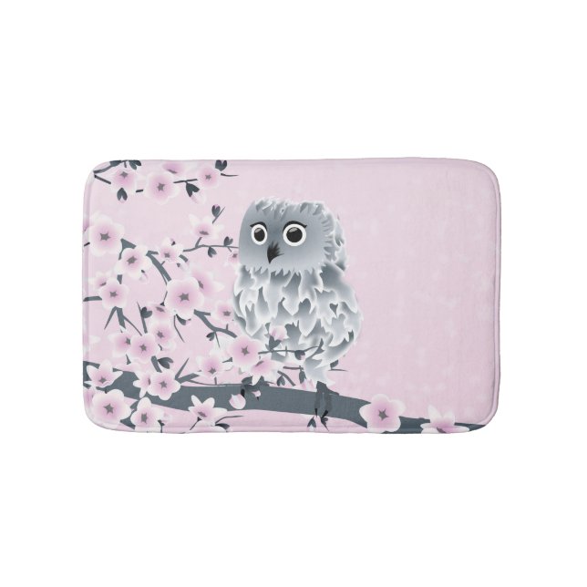 Cute Owl Cherry Blossoms | Pink Girly Bath Mat (Front)