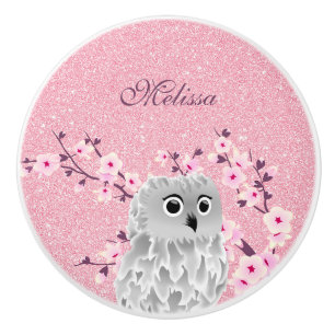 Cute Owl Cherry Blossoms Pink Glitter Girls Ceramic Knob