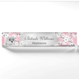 Cute Owl Cherry Blossoms Pink Glitter Silver Nameplate