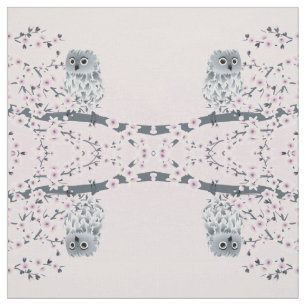 Cute Owl Cherry Blossoms Pink Grey Fabric