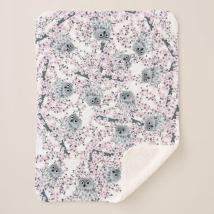 Cute Owl Cherry Blossoms Sherpa Blanket