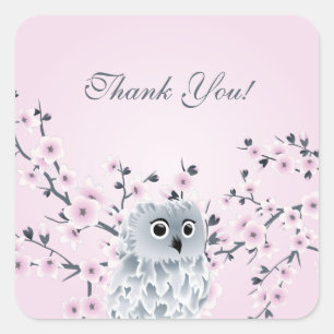Cute Owl Cherry Blossoms Square Sticker