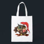 Cute Owl Christmas Grocery Bag<br><div class="desc">Christmas Grocery Bags with Cute Baby Owl In Christmas Hat and Gift - Painting Funny Bird Fun Collection - Choose / Add Your Unique Text / Name / Color - Make Your Special Handbags Gift - Resize and move or remove / add elements - image / text with customization tool....</div>