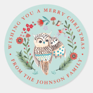 Cute Owl Christmas Holiday Name blue Classic Round Sticker