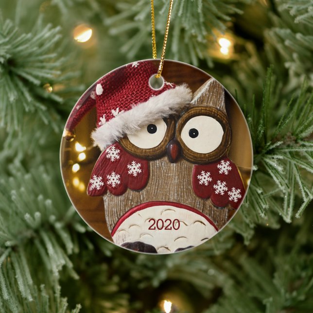 Cute Owl Christmas Wood Ceramic Ornament (Tree)