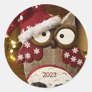 Cute Owl Christmas Wood Ceramic Ornament Classic Round Sticker