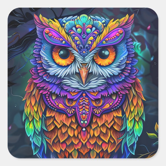 Cute Owl Colourful Abstract Bird Animal Nature Art Square Sticker (Front)