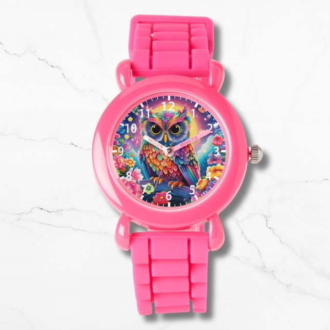 Cute Owl Colourful Bright Floral Moon Kids Girly Watch (Creator Uploaded)