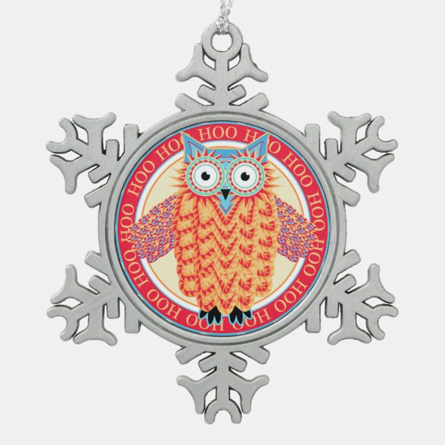 Cute Owl Colourful Christmas Snowflake Pewter Christmas Ornament (Front)