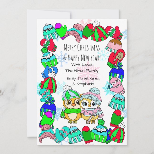 Cute Owl Couple on Tree Branch Christmas Holiday Card (Front)
