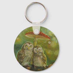 Cute Owl Couple under the Mushroom Keychain