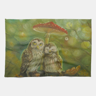 Cute Owl Couple under the Mushroom Kitchen Towel