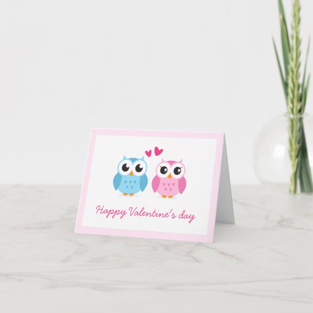 Cute owl couple with pink love hearts Valentine Holiday Card (Front)