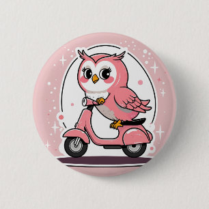 Cute owl driving a scooter 2 inch round button