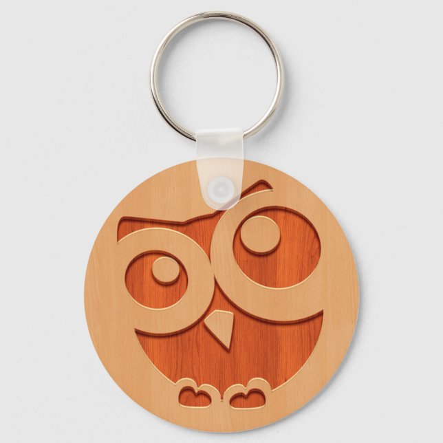 Cute owl engraved in wood effect keychain (Front)