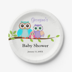 Cute Owl Family Girl Baby Shower Paper Plates