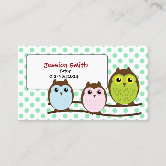 Cute Owl Family LIght Green Tutor Carte de visite (Devant)