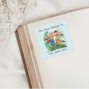Cute Owl Family Mushroom Rain Bookplate Square Sticker