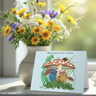 Cute Owl Family Mushroom Rain Card