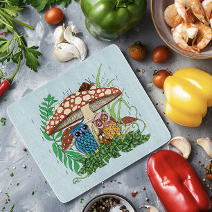 Cute Owl Family Mushroom Rain Cutting Board