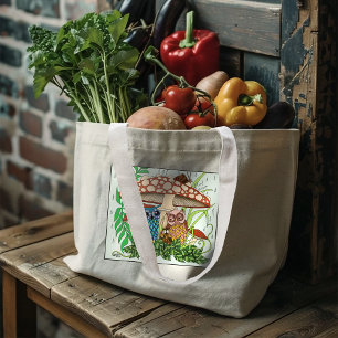 Cute Owl Family Mushroom Rain Large Tote Bag