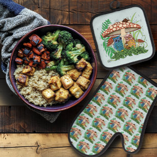 Cute Owl Family Mushroom Rain Oven Mitt & Pot Holder Set