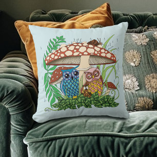 Cute Owl Family Mushroom Rain Throw Pillow